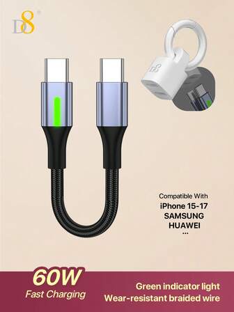 D8 60W LED Type-C - Type-C 고속 충전 키체인 케이블, 여성을 위한 휴대용 나일론 브레이드 데이터 코드, 키 링이 있는 소형 USB-C 충전기, 고속 데이터 전송, Phone 17/17 Pro/16 Pro Max/15/15 Plus/15 Pro Max/Phone Air, Galaxy S25/S25 Ultra/S24/S24 Ultra/S23/S23 Ultra/S22/S22 Ultra/S21/Note 20/10/9/A54/A51/G8/G7, Pixel 8/8 Pro/7, Xperia 1 VI, OnePlus 12/11과 호환 가능