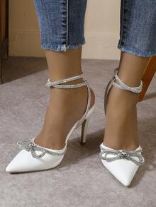 Elegant Women's Pointed Toe Solid Color Pumps, Fashion Rhinestone Bow Sexy Rhinestone Strap Shoes - White - View 7