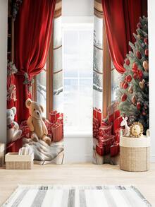 2PCS Christmas-Themed Brushed Fabric Digital Print Curtains, Luxurious Warm And Playful Style Design With Red Curtains, Christmas Tree, Teddy Bears And Gift Piles, Rod Pocket Installation, Semi-Transparent Polyester Fiber Material, Suitable For Living Room, Kitchen, Bedroom, Dining Room, Filling Your Home With Festive Atmosphere
