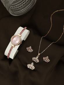 1 pieza Reloj de aleación + Set de 4 piezas de joyería de corona de oro rosa