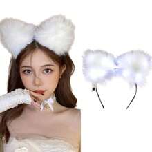 Light Up Headbands LED Cat Ears Headband Faux Fur Hair Hoop Cute Colored Light For Xmas Party Cosplay Halloween Birthday (Cool White) - 冷白 - 查看 9