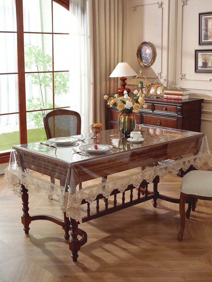 1 pieza Mantel rectangular de PVC bordado de otoño, mantel impermeable y resistente al aceite con encaje, decoración elegante para restaurante, cocina, desayuno, mesa de café, festividades, exterior - Encaje número tres - Ver 1