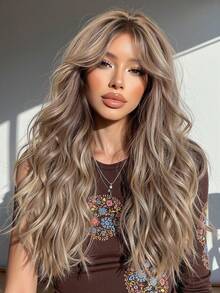 Tóc giả dài 24 inch màu nâu vàng, kiểu gợn sóng, dành cho nữ, tóc giả xoăn màu nâu vàng có mái thưa, kiểu sóng nước, làm từ sợi tổng hợp chịu nhiệt, thích hợp sử dụng hàng ngày và dự tiệc. - Màu dương cầm - Xem 12
