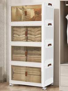 2/3/4/5 Layers Plastic Folding Storage Box With Multi-Layer, Stackable Storage Box With Wheels, Suitable For Home Storage Of Books, Clothes, Toys, Closet, Wardrobe, Bedroom, Bathroom, Office, Basic Bedroom Furniture Storage Box - White - View 2