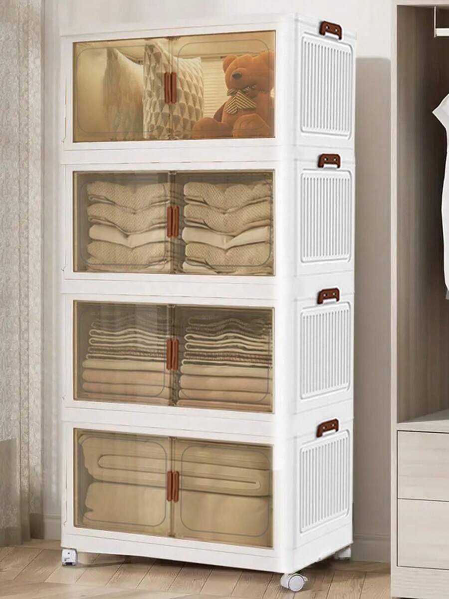 2/3/4/5 Layers Plastic Folding Storage Box With Multi-Layer, Stackable Storage Box With Wheels, Suitable For Home Storage Of Books, Clothes, Toys, Closet, Wardrobe, Bedroom, Bathroom, Office, Basic Bedroom Furniture Storage Box