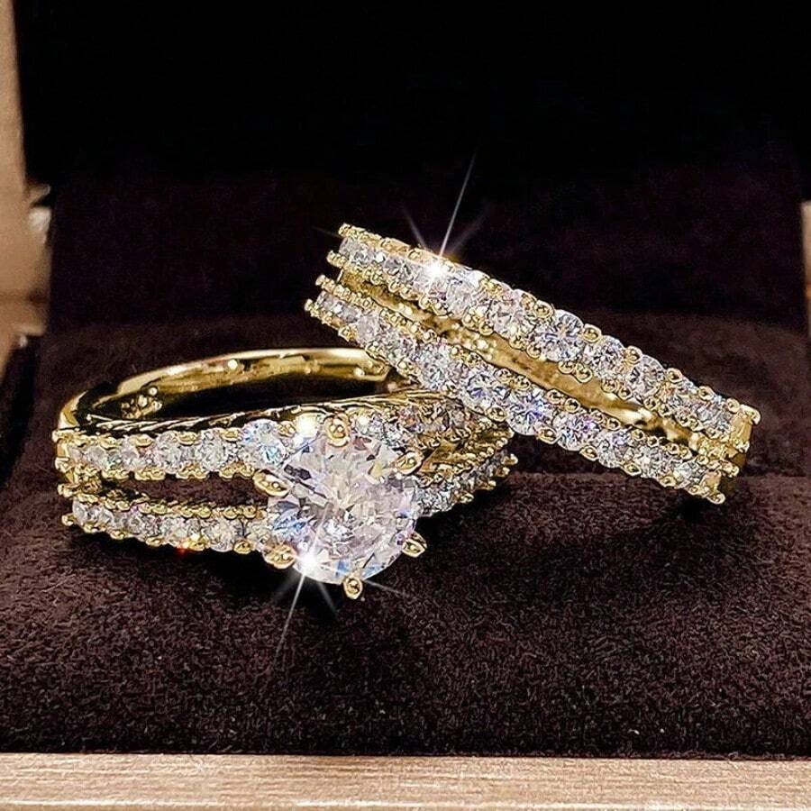 2Pcs/ Set Luxury Bright Women's Fashion Zirconia Jewelry Exquisite Birthday Anniversary Christmas Gift For Girlfriend Wife Bridal Wedding Band Engagement Party Ring Set Jewelry Size 5-11# - Gold - View 1