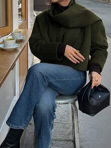 女士简约优雅纯色V领长袖短款外套，适合秋冬季日常穿着、通勤，优雅休闲百搭，可搭配围巾和宽松外套。 - 軍綠色 - 查看 5