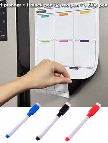 可擦除每周计划本，可擦拭磁性冰箱贴，带可擦除红蓝黑色水彩笔，热擦除白板 - 可重复使用的厨房和餐厅备忘板磁性公告板冰箱贴贴纸白板用于书写提醒每周计划备忘录日历，学校家庭厨房和办公室装饰，日常生活用品完美的返校季礼物