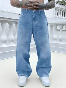 Loose Fit Men's Stone Washed Wide Leg Jeans With Slant Pockets, Casual Everyday Cotton Fashionable And Denim Pants