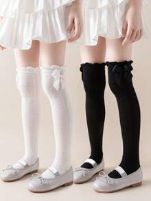 2双儿童蝴蝶结装饰提花泡泡嘴过膝直筒袜 - 彩色 - 查看 5