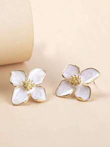 1pair Colorful Oil Drip Four-Petal Flower Shaped Dopamine Stud Earrings Women, Simple & Sweet Daily Accessory, Vacation Valentines,Mom,Mother,Mother's Day, - 白色 - 查看 3