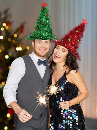Christmas Tree & Santa Hat Decorative Headwear, Adult & Kids Christmas Party Costume Accessories, Holiday Party Decoration Hats, Photo Props With Tinsel