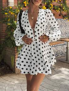 Women Polka Dot Deep V Neck Long Sleeve Ruched Waist A Line Mini Dress Sexy Cute Christmas Valentines Day Party Outfit - Đen và trắng - Xem 4