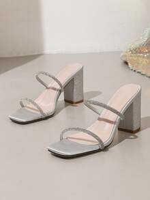 1 Pair Sexy Fashion Women's Silver High Heel Sandals With Rhinestone Straps, Thick Heel, Super High Heel, Elegant High Heel Shoes For Party, Wedding, Runway,Spring Summer Outfits - Silver - View 4