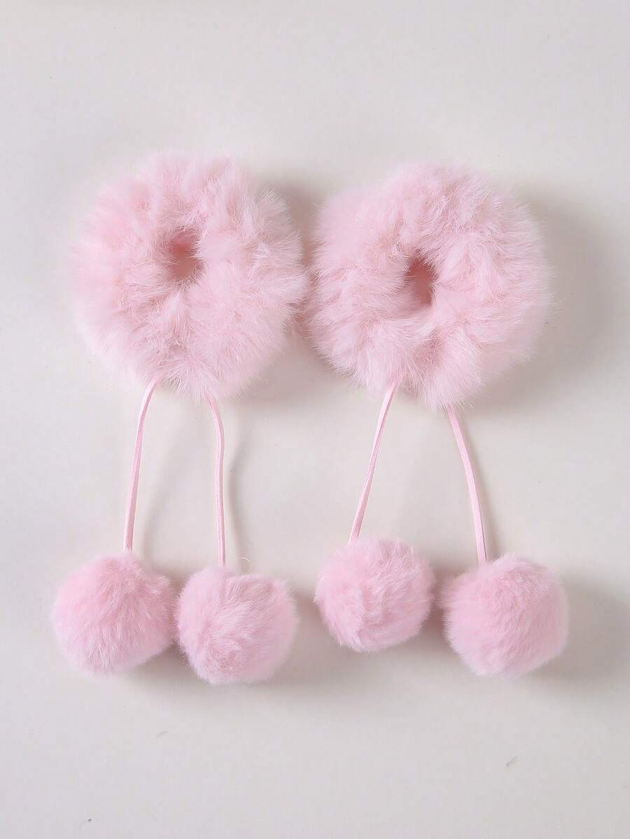 2pcs/Set Ikat Rambut Rajut Rumbai Bulu Warna Pink untuk Anak Perempuan Musim Gugur/Dingin, Aksesori Rambut Gaya Putri yang Lucu, Cocok untuk Penggunaan Sehari-hari - MultiWarna - View 1