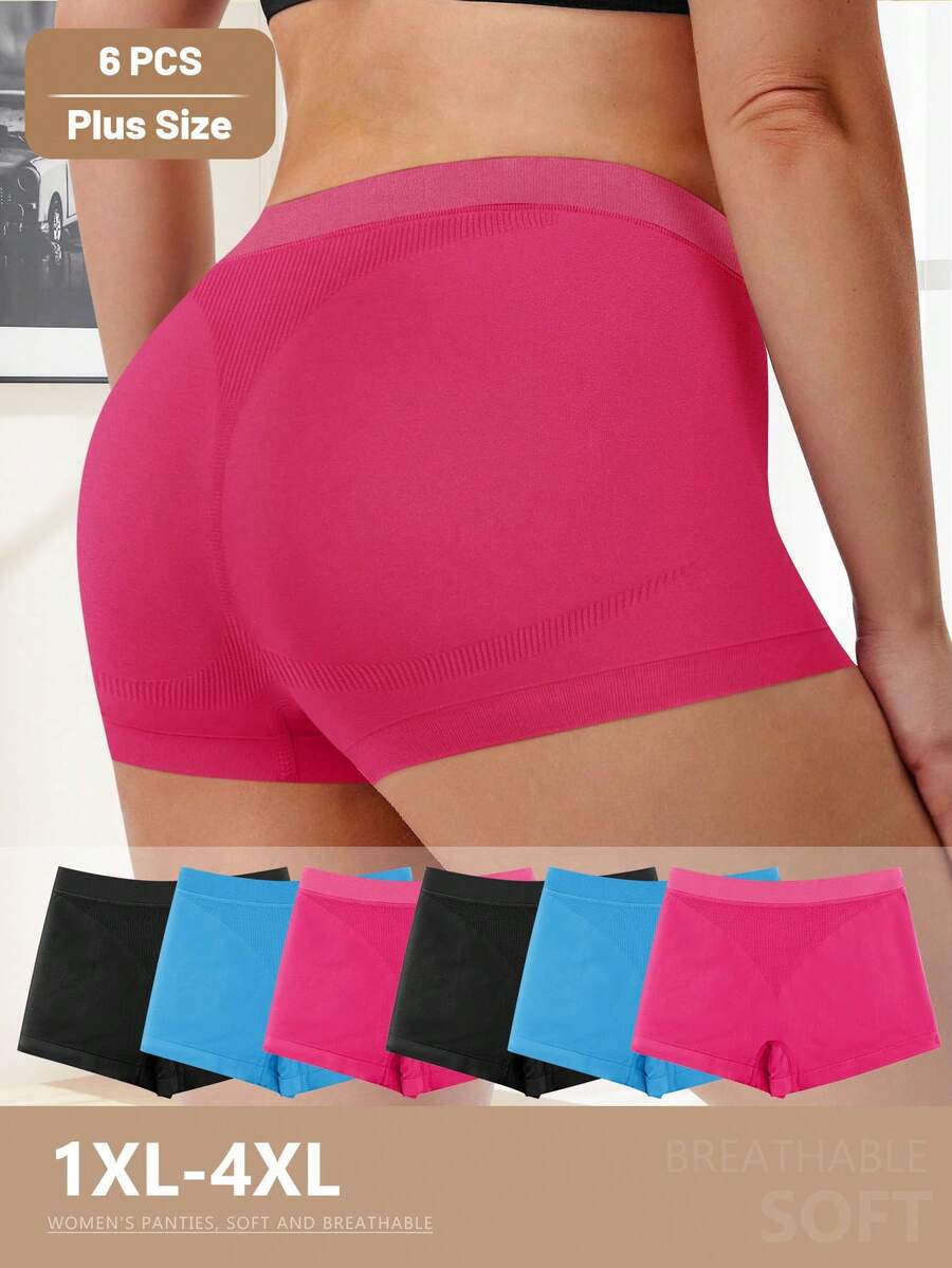 6pcs Women's Plus-Size Boxer Briefs, Striped Design, Simple Solid Color, Stretchable, Soft, And Breathable - Nhiều màu - Xem 1