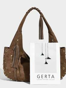 朋克风重型多元素复古摩托车包 2025秋冬新款超细纤维腋下包 辣妹通勤手提包 - 棕色 - 查看 7