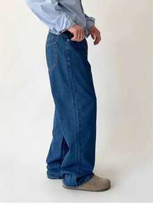 Men's Baggy Denim Pants, Wide Leg, Carpenter Style, 100% Cotton, Premium Dazzling Fabric - 藏蓝色 - 查看 2