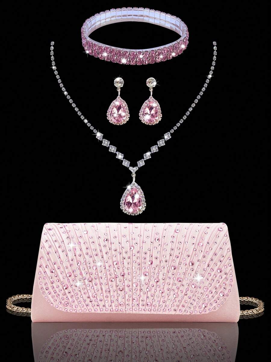 Sparkling Rhinestone Flap Clutch Bag, Elegant Pleated Handbag For Party, Includes Sparkling Rhinestone Jewelry Set, Suitable For Party, Gala, Gathering, Ball, Wedding And Other Occasions ,Pink Bag