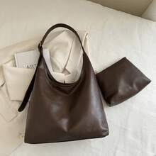 Korean Minimalist Casual Pu Tote Bag Combination Bag, Autumn And Winter Retro All-In-One Shoulder Tote Bag, With Change Bag Mother Bag, Large Capacity Commute Shopping Bag. Women's Shoulder Bag Casual Wallet Set. New Large-Capacity Leather Handbag. Purses And Bags Women - 咖色 - 查看 10