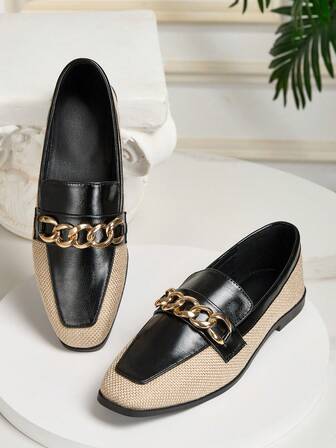 Retro Color Block Chain Decor Square Toe Slip-On Casual Loafers For Women