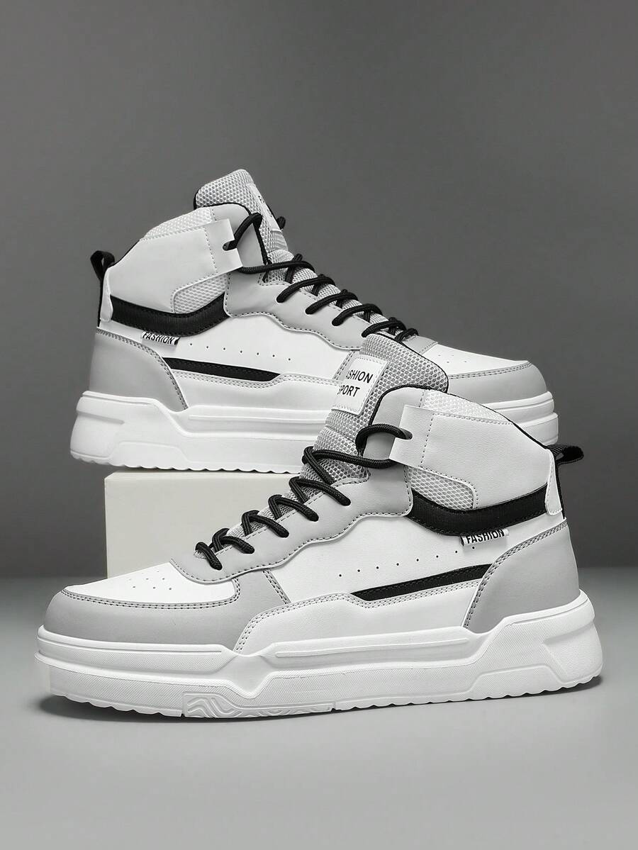Tênis Casuais de Skate Planos de Cano Alto Cinza e Branco para Homens, Tênis Esportivos Versáteis, Confortáveis e Simples com Cadarço, Ideal para Combinar com Denim Esportivos