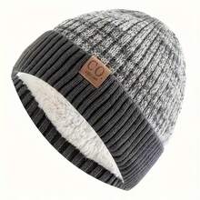 Men's Retro Winter Knit Hat - Thickened Fleece-Lined Earmuffs For Warmth, Navy Blue/White/Patterned Patches, Soft And Fluffy Lining - Durable Beanie For Winter Fitness, Outdoor And Everyday Use, Hand Washable, Comfortable Design, Reinforced Stitching Stripes, Casual Sports Headwear, Retro Style, Suitable For Outdoor Enthusiasts