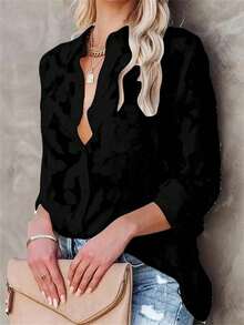 女士春秋经典翻领纹理纽扣长袖衬衫，优雅夏季女士春夏服装，法式轻薄夏季衬衫，女士夏季沙滩罩衫，商务休闲女士衬衫（黑色） - 黑色 - 查看 10