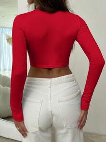 Women Casual Solid Color Crop Long Sleeve T-Shirt, Autumn - Red - View 4