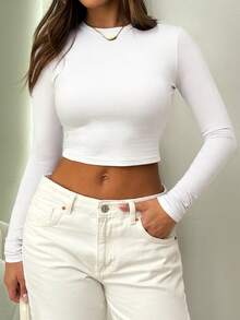 1 pieza Blusa casual de mujer de cuello redondo, manga larga y corta, color blanco, para primavera - Blanco - Ver 5