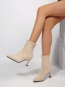 2025 Classic New Pointed Toe Chunky Heel Women's Boots, Versatile Fashion Short Boots, Elastic Mid-Calf Boots, Suitable For Mother's Day - Beige - View 2