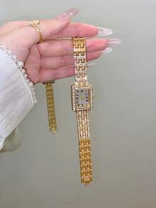 1pc Women's Watch Band. Square Small Dial With Rhinestone Accents. Elegant Versatile Precise Quartz Watch, Suitable For Daily Wear - Gold - View 4