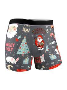 1 Pc Christmas Cartoon Print Men's Long Style Flat Cornered Underwear, Loose And Casual, Suitable For Wearing During Holidays, Men's Comfortable Slim Fit Shaping Underwear, Fitness Boxing, Lightweight, Suitable For All Seasons, Men's Novel Underwear - Grey - View 1