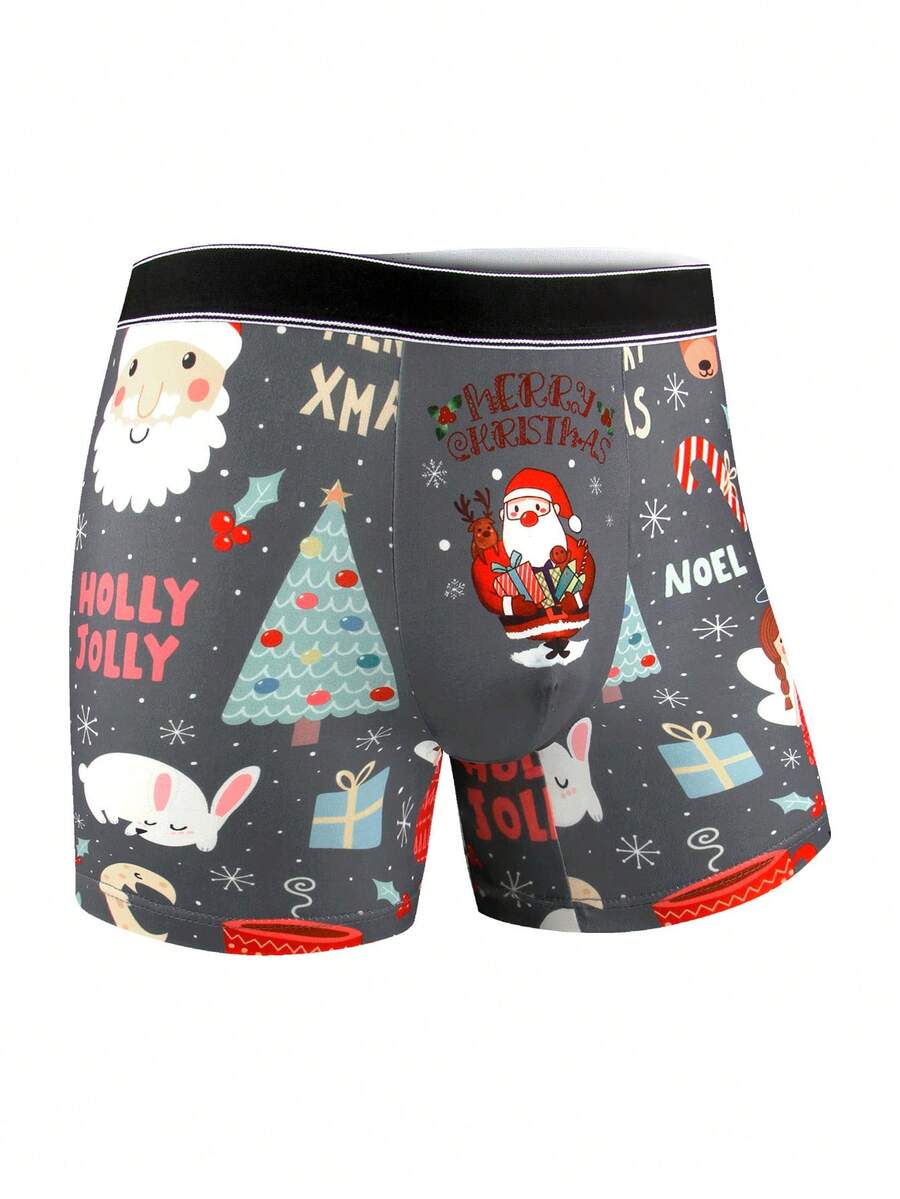 1 Pc Christmas Cartoon Print Men's Long Style Flat Cornered Underwear, Loose And Casual, Suitable For Wearing During Holidays, Men's Comfortable Slim Fit Shaping Underwear, Fitness Boxing, Lightweight, Suitable For All Seasons, Men's Novel Underwear - Grey - View 1