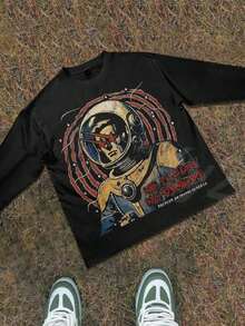 Y2k Astronaut Art Punk Long Sleeve Shirts ,Sky Double-Sided Printing,Christmas Style Graphic T Shirt Cotton,Fashionable Hip-Hop For Men -  Long Sleeve T-Shirts, Funny Vintage Shirts,Regular Fit, Street Style, Digital Print,  Ideal Gift - 黑色 - 查看 2