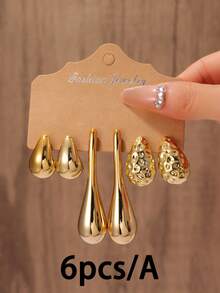 6-14pcs Fashionable Lightweight CCB Earrings Set, Including Teardrop, C-Shape, Flower Designs In Gold Tone, Suitable For Women's Date And Holiday Wear, Elegant Holiday Gift
