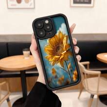 Cubierta de teléfono con borde negro diseño de girasol amarillo sobre cielo azul para uso diario en cafeterías y exteriores Aplicable a los teléfonos de la serie Apple y Galaxy - Café integral - Ver 3