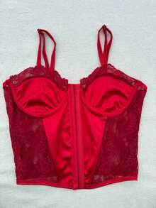 Cropped Corset With Front Opening And Closure, Simple Lace Corset For Evening Wear. - Đỏ - Xem 1