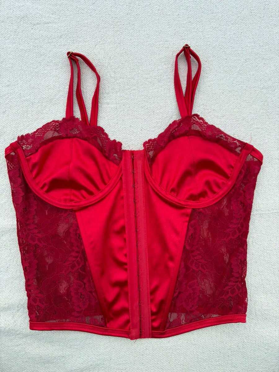 Cropped Corset With Front Opening And Closure, Simple Lace Corset For Evening Wear. - Đỏ - Xem 1