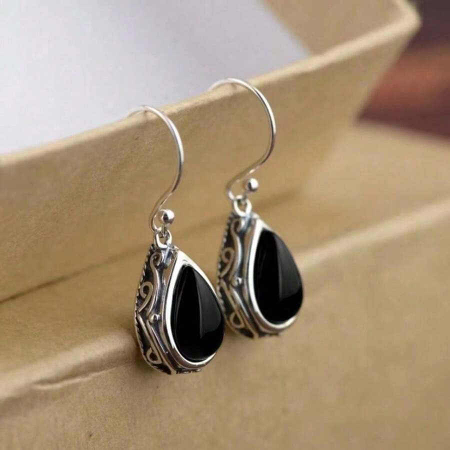1Pair Bohemian Teardrop Earrings For Women,  Drop Earrings,  Vintage Jewelry, Unique Statement Gift For Women - màu đen - Xem 1
