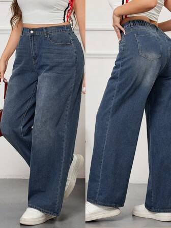 Blue Vintage Denim Pocket Plus-Size Wide-Leg Boyfriend Jeans Casual Outfit For Women High-Waisted Straight Long Pants For Summer