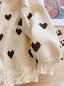 enmi bear Young Girl Knit Cardigan Cute Heart Pattern Sweater Jacket, Long Sleeve Lantern Sleeve Top, Korean Style