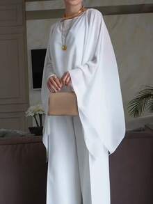 女士优雅宽松不对称设计套头衫，雪纺吊带背心两件套，纯色，优雅轻盈，适合办公室、日常、约会、机场穿着，春夏秋季白色 - 白色 - 查看 5