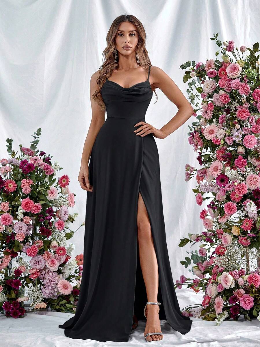 Faeriesty 女士优雅细肩带正式晚礼服，饰有精致的垂褶细节、低背设计和贴身剪裁，适合盛大晚宴、黑领结舞会、婚礼招待会、颁奖典礼和正式宴会。 - 黑色 - 查看 1