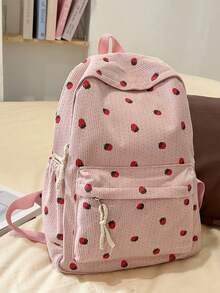 时尚草莓印花大容量学生背包，多功能休闲多口袋通勤背包
