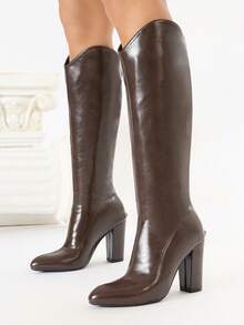 Botas de cano alto estilo western, modernas e confortáveis, em cores sólidas, com zíper, para mulheres, perfeitas para o escritório, férias e Halloween. Ideais para o outono/inverno. - Castanho Café - Ver 4