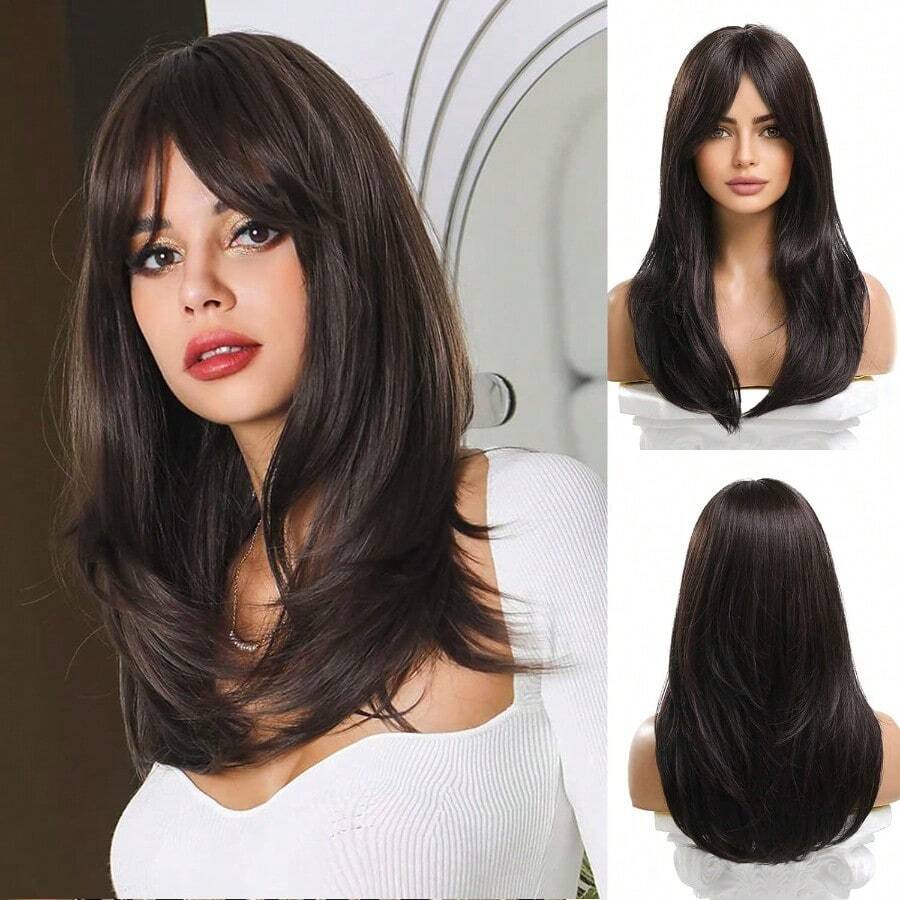 D20 Inches Long Straight Black Brown Layered Synthetic Hair Wigs For Women With Bangs For Daily Party - ĐenNâu - Xem 1