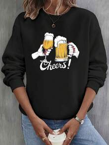 Sudadera con estampado gráfico de celebración - 100% poliéster, cuello redondo, jersey casual, tejido de punto con patrón geométrico, ideal para otoño e invierno. - Negro - Ver 9