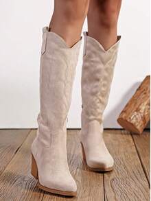 女式尖头粗跟对称刺绣西部靴，新款秋冬皮革一脚蹬踝靴和短靴 - 米色 - 查看 2