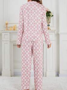 2 件套女士随机格子和心形印花时尚舒适翻领开衫长袖裤睡衣套装，春秋轻便 - 粉色 - 查看 3